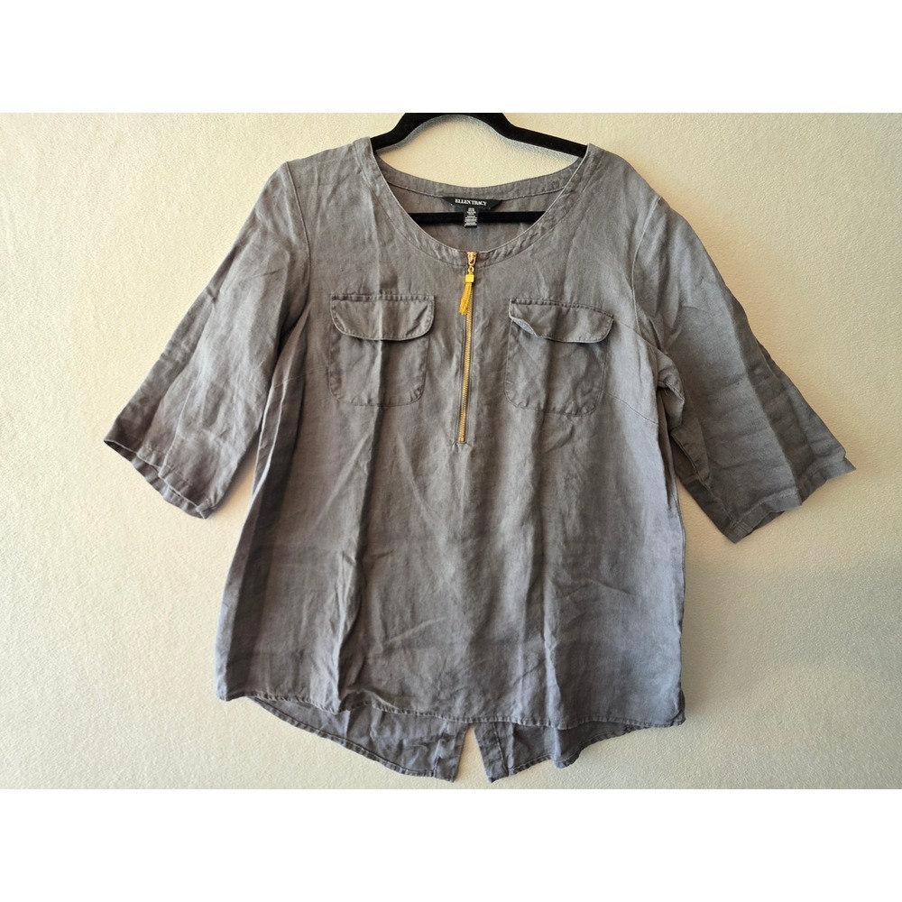 Ellen Tracy Women Gray 100% Linen 3/4 Sleeve Half Zip Tassel Blouse Top Size M